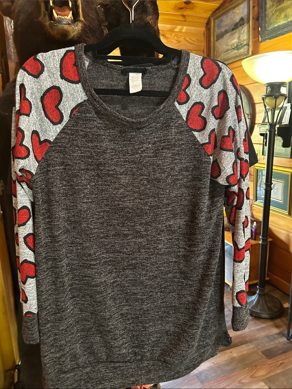 Gray Heather Sweatshirt with Red Heart Raglan Sleeves